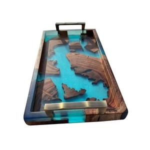 Plateau de service artisanal en résine turquoise moderne de qualité supérieure avec poignées dorées pour la maison, l'hôtel, le restaurant, usage décoratif - Product Image 2