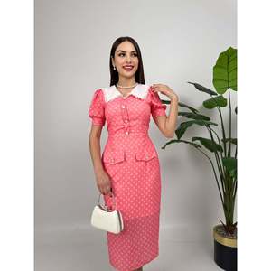missJANELL Robe midi bleu ciel à pois avec détail de col en dentelle élégant pour femme - Tissu polyester élégant - Product Image 5