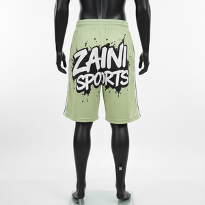 กางเกงขาสั้นผู้ชายผ้าโพลีเอสเตอร์ตาข่ายพรีเมียม 180 GSM สีเขียวอ่อน พิมพ์ลายโลโก้ด้วยความร้อน สำหรับออกกำลังกาย - Product Image 6