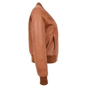 Chaqueta Bomber de cuero acolchado para mujer, chaqueta de cuello tejido a rayas, piel bronceada auténtica - Product Image 3