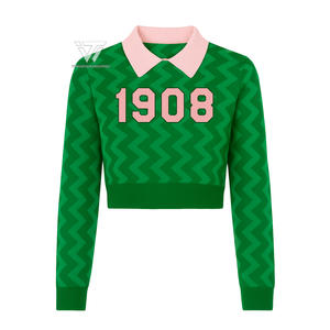 Greek Alpha | Kapa | Alpha AKA Sorority Embroidered Zig Zag Knitted Hybrid Turn Down Collar <b>Crop</b> College <b>Cardigan</b> Cotton Sweater - Product Image 1