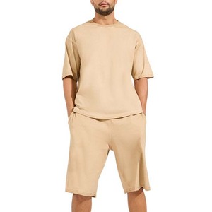 2025 New Arrival Custom Logo High Street Men's 100% Cotton <b>Knitted</b> Two-Piece Shorts <b>Sets</b> Breathable Plus Size Summer Fashion - Product Image 1