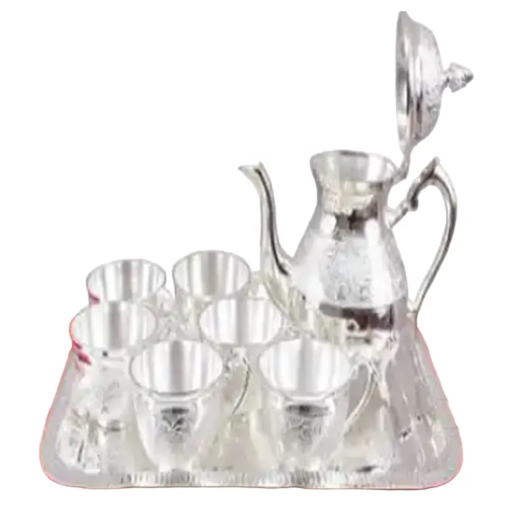 Gümüş kaplama türk çay seti, gümüş kaplama klasik tarzı 6 bardak ve tepsi seti, gümüş kaplama kahve çay servis Pot bardak ve tepsi