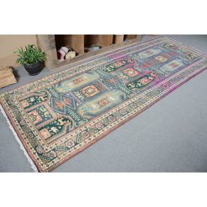 Alfombra turca Vintage tradicional, diseño de retazos verdes y azules, rectángulo de lana de 4x10/7 pies para decoración para sala de estar para adolescentes - Product Image 4