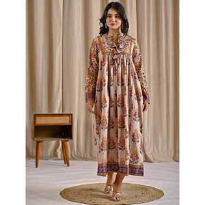 Vestido Corto Casual Elegante de Algodón Beige Amarillo Estampado con Borlas Delanteras, Transpirable, ODM, para el Día, Fiestas y Club - Product Image 4