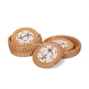Classic Natural Rattan Coaster <b>Set</b> With Tray For <b>Beverage</b> <b>Serving</b> And Decorative Table Organization - Product Image 3