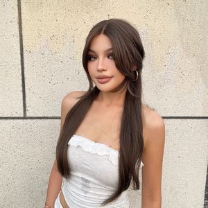 Luanne-DWY Long-Length Natural Wavy Brown Glueless Synthetic <b>Wig</b> Transparent Lace Front Middle Part Synthetic <b>Wigs</b> for Women - Product Image 5