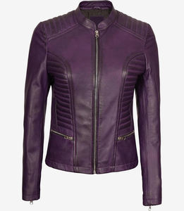 แจ็กเก็ตหนังสำหรับผู้หญิงแบบคลาสสิกสีม่วงมีซิปด้านหน้าสำหรับนักขี่จักรยาน - Product Image 3