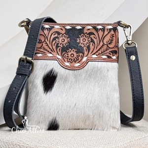 Bolso de hombro de piel de vaca genuina, bolsillo móvil suave y cómodo, monederos de mano para mujer con parche floral y bolsillos con cremallera - Product Image 1