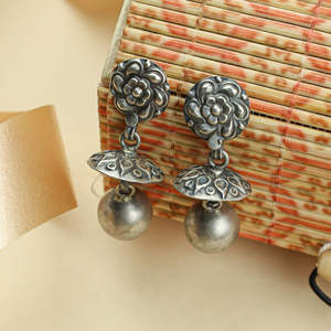 Tridha 92.5 Silver <b>Drop</b> Earrings with Floral Ball Bead 18K Gold Plated Cute Diamond and Turquoise Stone for Weddings - Product Image 4