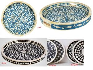 Plateaux ronds décoratifs en bois élégants faits à la main avec incrustations d'os pour la restauration, la maison, l'hôtel, le restaurant, les mariages, les fêtes, le service sur table - Product Image 5