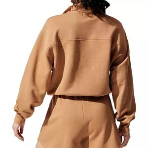 Sudaderas con capucha recortadas para mujer con cremallera 1/4 y cuello con cordón y logotipo personalizado de alta calidad sin capucha - Product Image 2