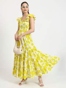 Sati usine femmes décontracté Floral Maxi robe jaune blanc motif à volants manches étage longueur robe de bal taille tombée-pour - Product Image 5