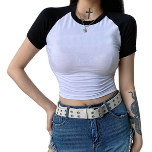American Style <b>Raglan</b> Sleeves Contrasting Stripes Short Sleeved shirt Women's Slim Fit Short Crop <b>Top</b> Summer 100% Cotton Jersey - Product Image 5