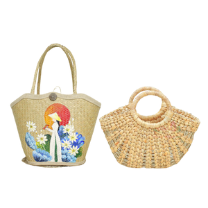 Bohemian Handcrafted <b>Tote</b> <b>Bag</b> with Rustic <b>Straw</b> Like Weave Leather Handles and Sustainable Design - Product Image 1