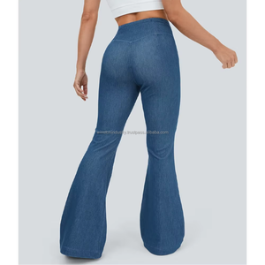 Jean évasé classique en denim bleu pour femme, taille haute, coupe slim, coupe cloche - Product Image 5