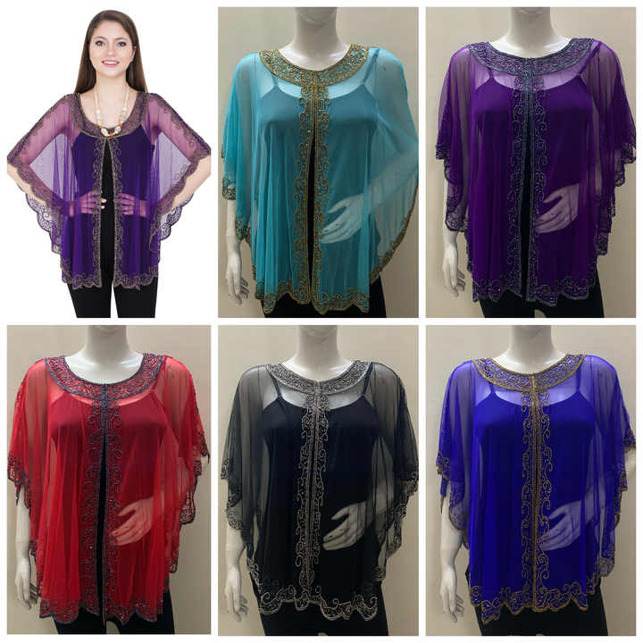 Hip Hop Swim Beach Party Evening Wear Women Clothing T Shirt Blouse Poncho Shrug Soft Net Fabric Free Size Hand Embroidery Work