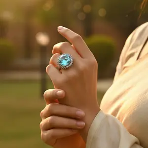 Bague Halo en Argent Tendance Romantique pour Femmes, Sertie d'une Pierre Précieuse en Forme de Lune, Bijoux en Diamant Taille Ovale, Or Rose, Mode - Product Image 3