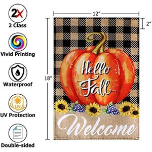 Lot de 10 drapeaux de jardin Hello Fall, motif à carreaux Buffalo d'automne avec citrouilles - Petits drapeaux de bienvenue verticaux pour jardin, 12x18, double face - Product Image 2