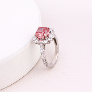 IGI Certified Cushion Cut <b>Pink</b> Lab Grown Diamond Halo Engagement Ring with Pavé Band in 14K White / Rose & Yellow Gold - Product Image 3