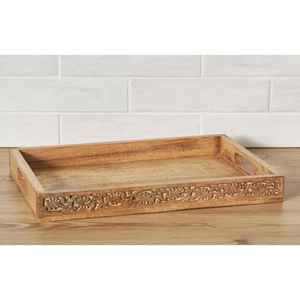Bandeja de Servir Hecha a Mano de Madera de Mango Natural con Incrustaciones Florales Talladas en Blanco, Bandeja Decorativa con Asas para Cocina - Product Image 1