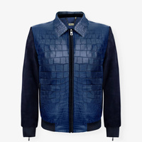 Blouson aviateur en cuir de vachette gaufré croco de qualité supérieure pour homme, avec manches et dos en daim, couleur bleue, personnalisation disponible