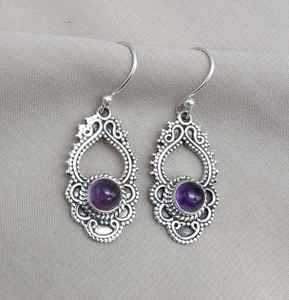 Boucles d'oreilles pendantes en améthyste, argent sterling, style bohème, pierre précieuse - Pierre de naissance de février, boucles d'oreilles délicates pour femmes - Product Image 6
