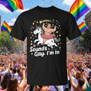 Camiseta Promocional con Estampado de Hombre Gay en una Bicicleta con Unicornio, Estilo Groovy - Product Image 3