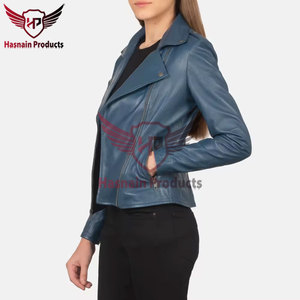 Womens Real Blue Leather Biker Jacket Asymmetric Zip Lapel Collar Sheepskin <b>Coat</b> <b>Zipper</b> Pockets Slim Fit Custom Outwear New Look - Product Image 2