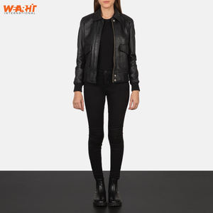 Col classique fermeture éclair avant veste d'hiver pour femmes en cuir noir véritable coupe ajustée personnalisé OEM vêtements d'extérieur manteau poches mode solide - Product Image 6