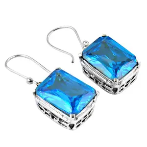 Boucles d'oreilles pendantes géométriques classiques en cristal bleu émeraude naturel pour femme, serties clos, bijoux de mariage en argent 925, tendance - Product Image 2
