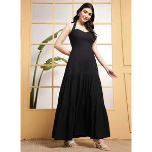 DEEBACO Women's Black Solid Tiered Maxi <b>Dress</b> Fit & Flared Halter Neck Sleeveless Summer Western Wear Party Casual One Piece - Product Image 5