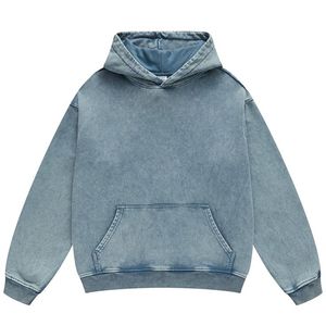 Pull à capuche délavé à l'acide pour hommes hiver surdimensionné brodé poche kangourou goutte épaule-teint uni avec impression numérique - Product Image 2
