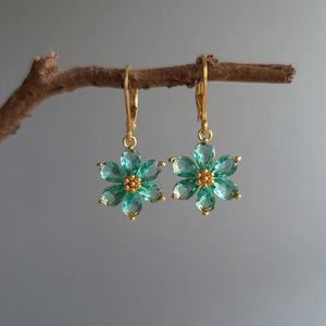 Natural Sterling Silver Emerald Floral Design Earrings Aqua Green Vintage Style Hook Earrings Gift for <b>Mum</b> - Product Image 5