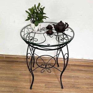 Durable Round Glass-Top <b>Table</b> with Traditional Patterned Iron Legs CFD68146 - Product Image 4