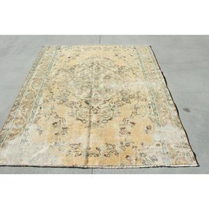 Vintage Area Rug 5.7x6.8 ft (173x207 cm), Turkish <b>Yellow</b> Ikat Rug - Product Image 1