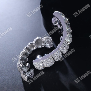 925 Sterling <b>Silver</b> Unisex 16 Teeth Grillz <b>Top</b> Bottom Mouth Mosaic Setting Rhodium Plated Moissanite Trendy Hip Hop Fine Jewelry - Product Image 3
