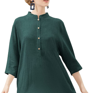 100% Cotton Solid Color Clothing for Women V-Neck Fashion <b>Three</b> Quarter Sleeve Dress - Product Image 1