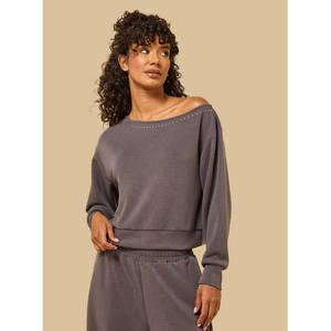 Women's Winter Grey Knitted <b>Shoulder</b> Sweatshirt Stud Embellished Towel Embroidery <b>Long</b> <b>Sleeve</b> Casual Pullover Fashion <b>Top</b> OEM - Product Image 6