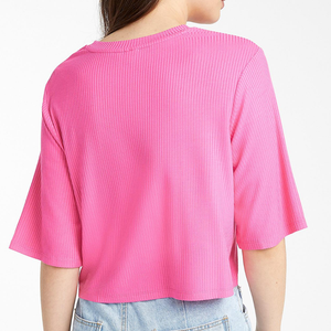 Custom Women's Ribbed T-<b>Shirt</b> Slim Fit Crew Neck Short Sleeve Solid Color Cotton Spandex Summer Casual Ladies Crop Top Tee - Product Image 5