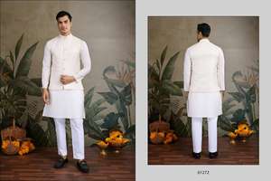 Veste de pyjama Kurta en soie lourde pour hommes Séquence de travail Koti indien pakistanais vêtements de mariage tenue décontractée au genou coupe régulière - Product Image 5