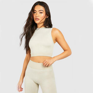 Qualité supérieure femmes Streetwear Style Beige couleur côtelé sans manches hauts courts à vendre pour les dames à la mode - Product Image 4