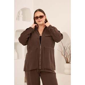 Veste grande taille pour femme avec manches plissées et détail taille à cordon, marron - Product Image 1