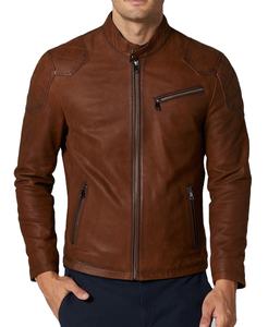 Veste en cuir marron pour homme, style classique slim fit avec fermeture éclair sur le devant et col montant pour un usage décontracté, designs personnalisés - Product Image 1