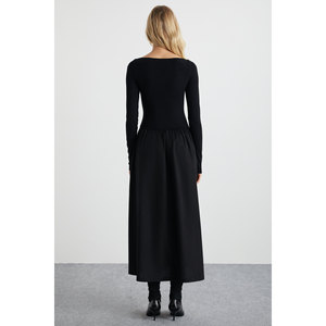 Vestido Maxi Negro Elegante para Mujer, Marca Pani, con Falda de Popelina Tejida y Top Elástico de Viscosa y Elastano - Product Image 6