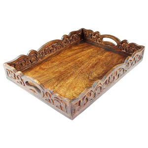 Plateau de service en bois fini naturel Bords sculptés Serveur de collation fantaisie en bois naturel Fournitures de plateau en bois rustique - Product Image 1