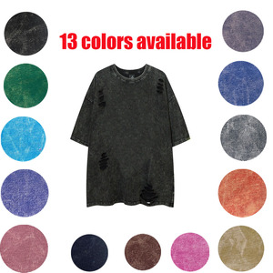 Haute qualité Hip Hop déchiré trou respirant toile tissu à manches courtes T-Shirt Vintage vêtements hommes goutte épaule T-shirt - Product Image 2