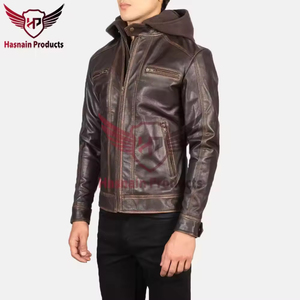 Mens Real Brown Leather Hooded <b>Jacket</b> Distressed Zip Chest Pockets <b>Sheepskin</b> Dark Racer Biker Coat Custom Vintage Winter Outerwe - Product Image 3