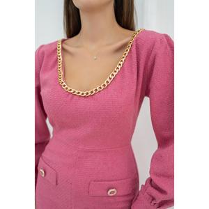 Robe fuchsia à col large et taille naturelle pour les occasions de bureau (vente en gros) - Product Image 3
