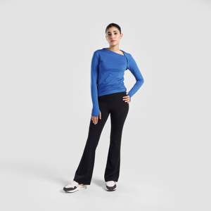 Sleek Imperial Blue Ruche <b>Top</b> Fashionable Breathable Yoga <b>Top</b> with Seamless Design Front Logo Solid Style - Product Image 4